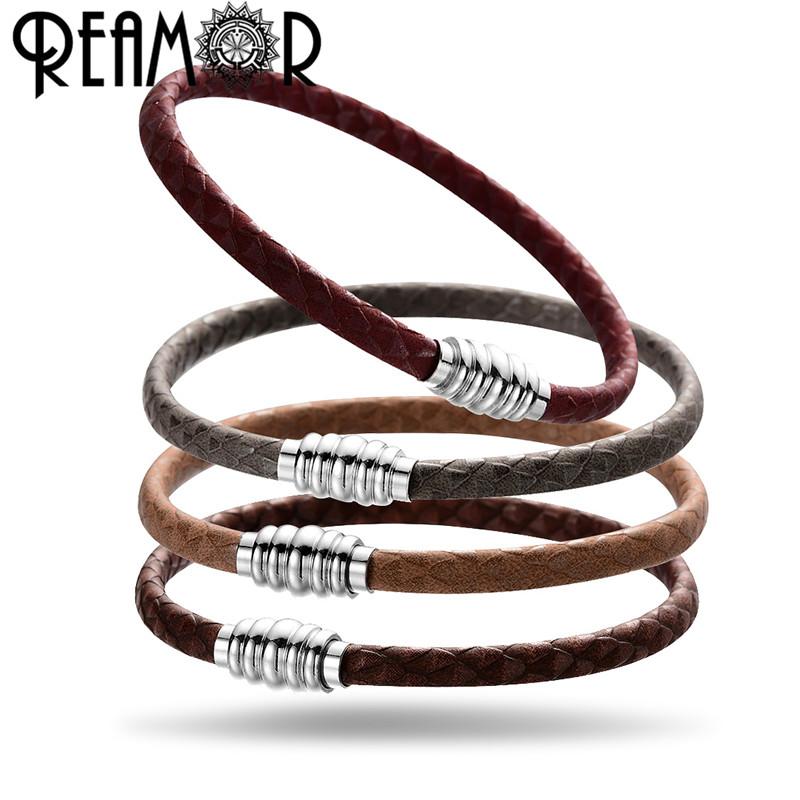 

REAMOR 17-21cm 4mm Pattern Genuine Leather Bracelets DIY String Beads Charm Bracelets Jewelry Making With Magnet Clasp