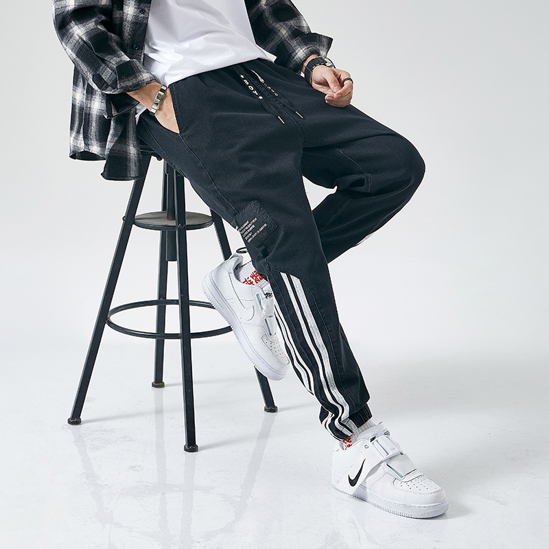 

2020 new reflective trend striped jogger denim of men hare position pants length baggy ankle-long trousers brim big sizes, Blue