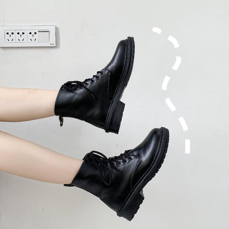 

Leather Boots Ankle Boots For Women Shoes Woman Thick Bottom Mid Heels Round Toe Lace Up Winter Botas Mujer Plus Size1, Black