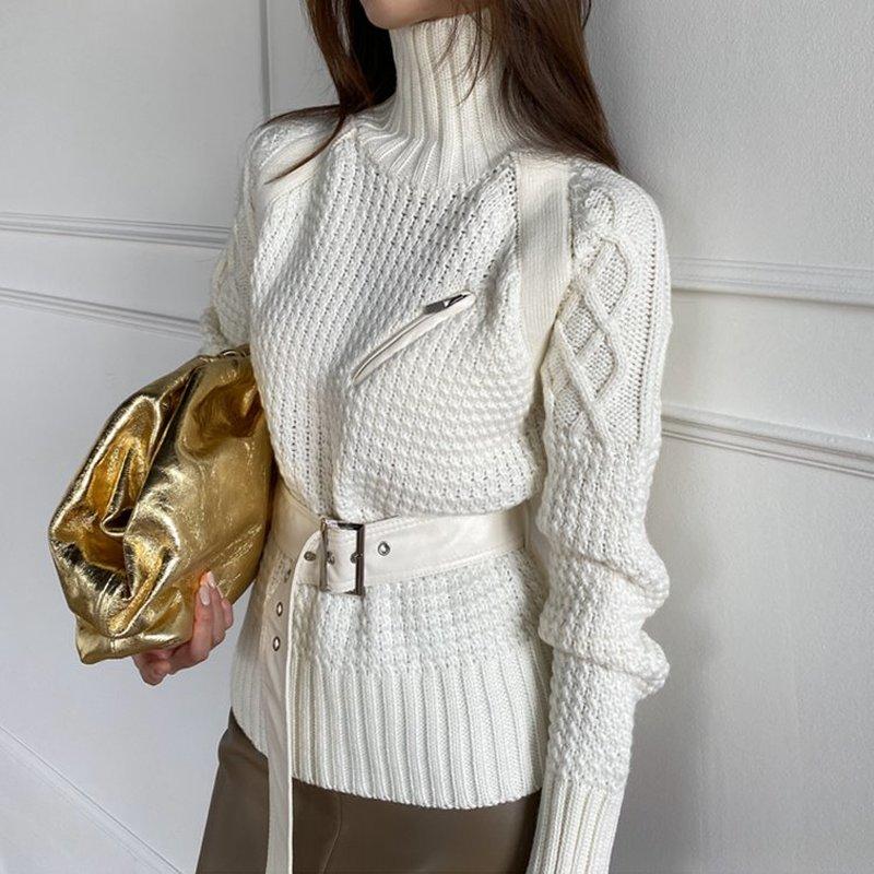 

Women Turtelneck Sweater Coarse Needle Knitted Pullovers 2021 Runway Fashion Sweater Belt High Neck Pullover Ivory Jumpers Tops