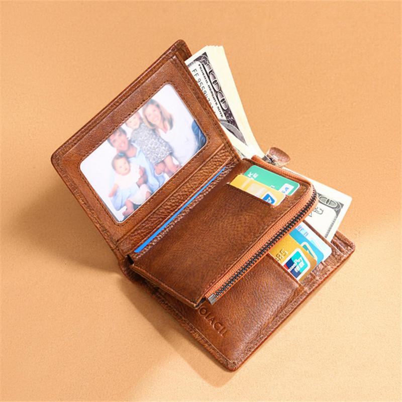 

RFID Men Wallets Slim Genuine Leather Vintage Short Male Purse Zip Coin Pouch Cards Wallet Designer Wallet Men Billetera Hombre, Brown