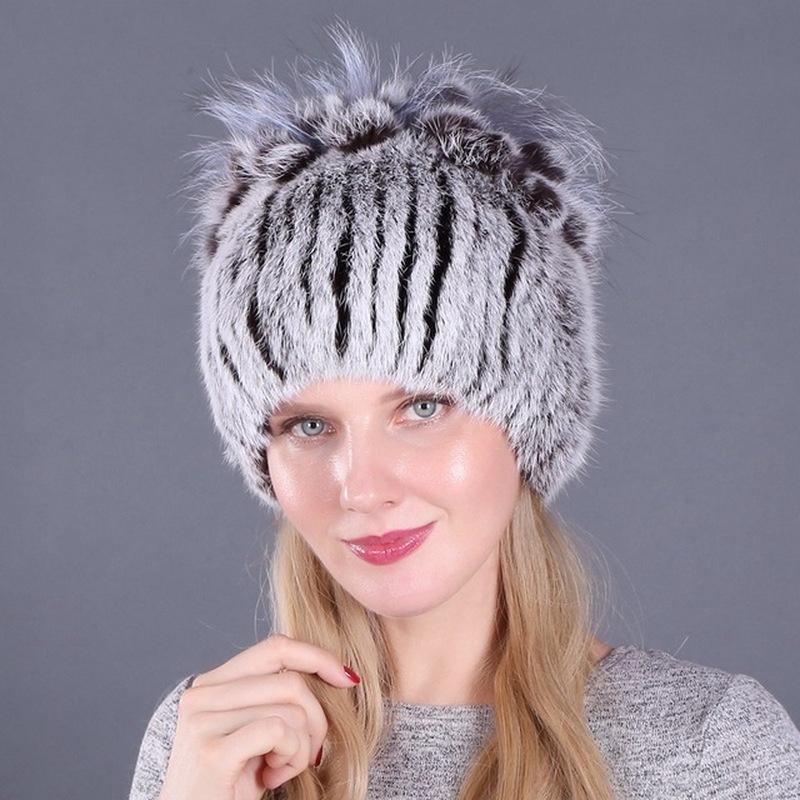 

New Russia Women Fur Hats Knitted Striped Lady Fur Hat Winter Warm Flowers Caps, 02