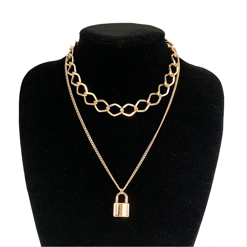 

1pcs Double Layer Lock Chain Necklace Punk 90s Link Chain Color Padlock Pendant Necklace Women Fashion Gothic Jewelry