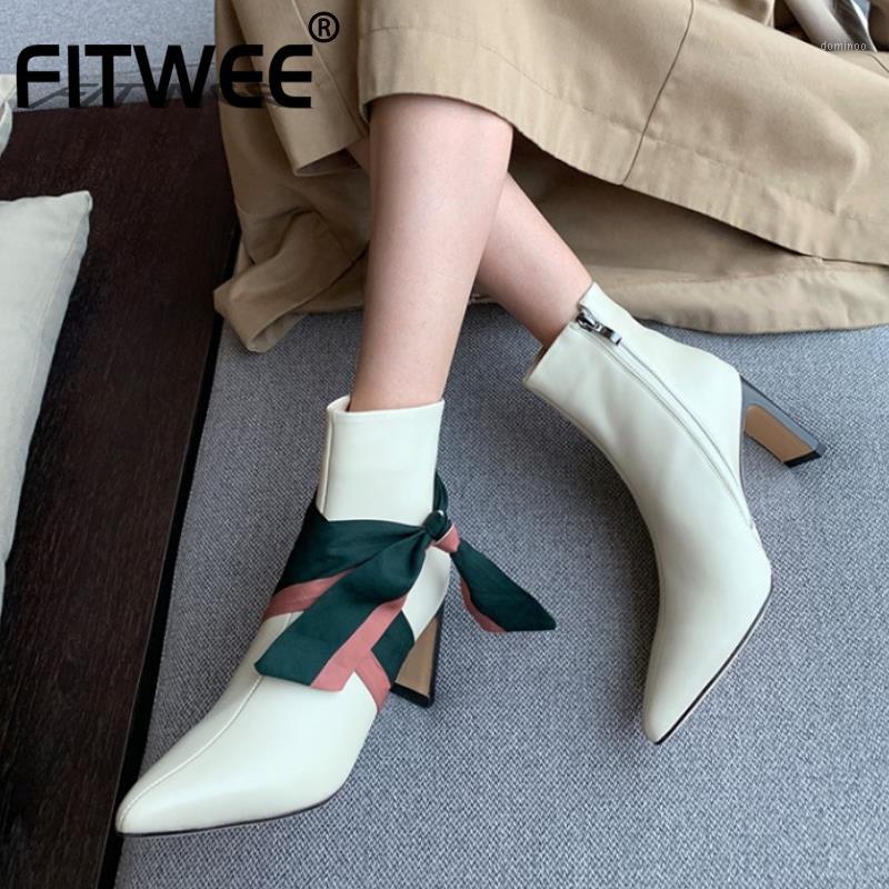 

FITWEE Women Ankle Boots Fashion Zipper Real Leather High Heel Shoes Women Warm Winter Boots Office Lady Footwear Size 30-461, Green