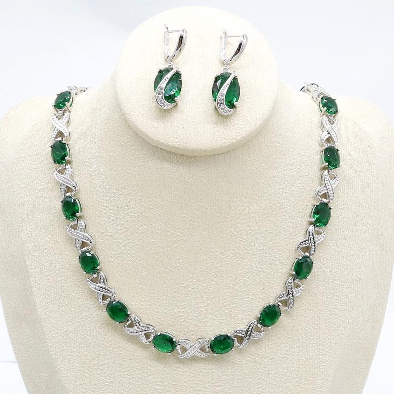 

Geometric Green Semi-precious Silver Color Jewelry Sets for Women Necklace Earrings Set Birthday Wedding Christmas Gift1, As pic