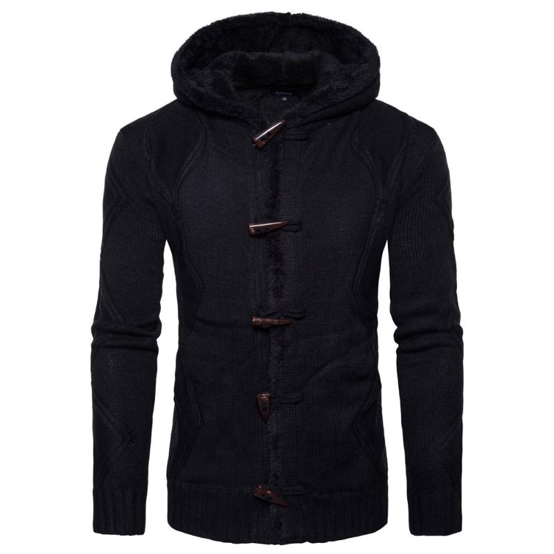 

Men's Sweater Outwear 2020 Autumn Men Hooded Jacket Male Winter Warm Harajuku Patchwork Horn Button Knit Coats Thick Cardigan, Black