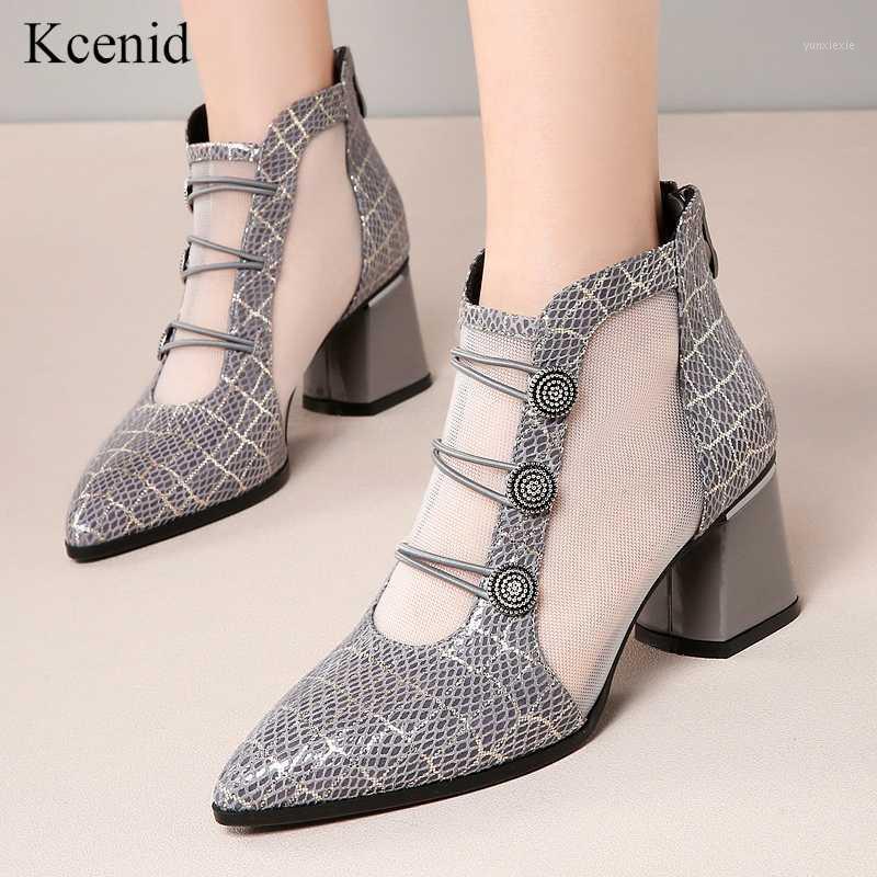 

Kcenid Genuine leather breathable mesh ankle boots women new elegant black chunky boots fashion button pointed toe shoes summer1