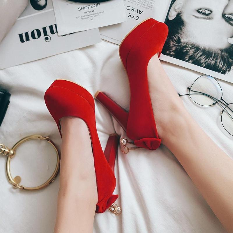 

Spring new super high heels suede diamond bow elegant wedding shoes big size 47, Red