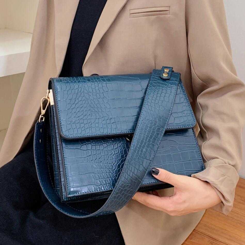 

Luxury Brand Female Tote bag 2021 Fashion New Quality Leather Women's Designer Handbag Crocodile pattern Shoulder Messenger Bag, Blue