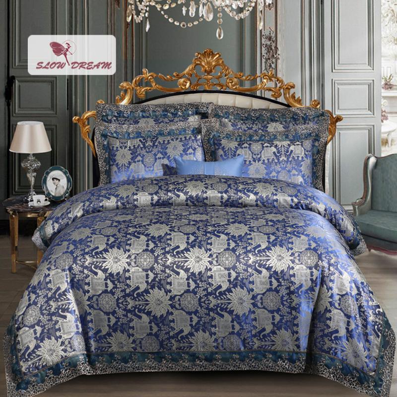 

SlowDream Blue Jacquard Bedding Set Luxury Home Lace Decor Duvet Cover 100% Cotton Flat/Fitted Sheet Bed Linen Set Bedspread, 002
