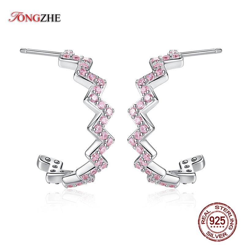 

TONGZHE Authentic 925 Sterling Silver Z Shape Hoop Earrings For Women Pink Zircon Earrings Girls Ear Jackets Jewelry Handmade