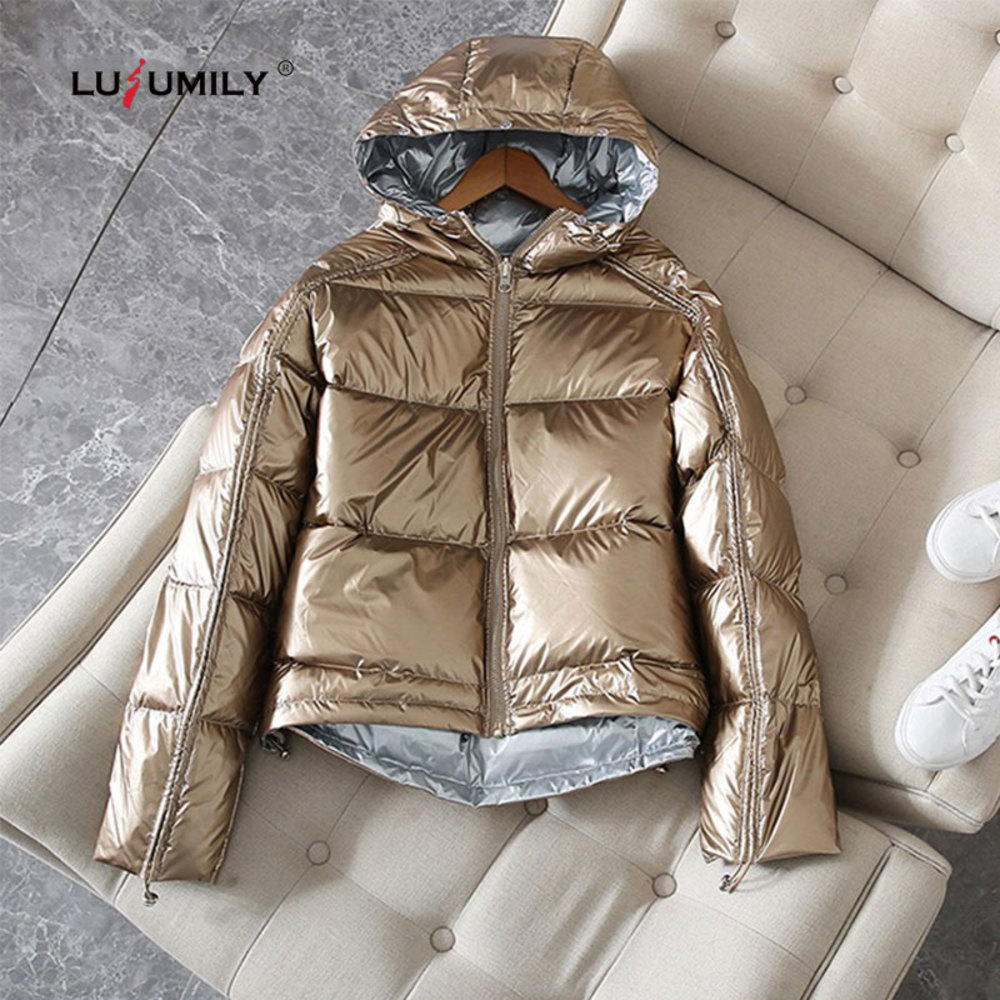 

Lusumily Double Sided Wear Gold Silver Down Jacket Winter Coat Women Hooded White Duck Parkas Female Loose Warm Snow Outerwear, Pink