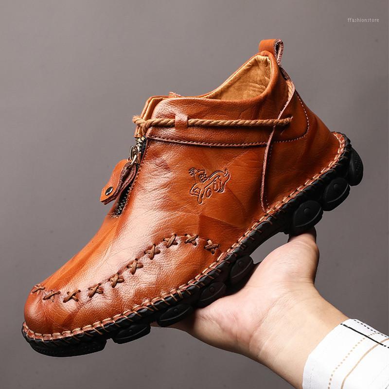 

High Quality Genuine Leather Men Boots Fashion Zipper Shoes Male Cow Leather Man Brown Ankle Boots 2020 Autumn Plus Size 38-481, Black