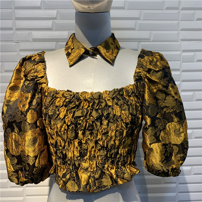 

2021 New Printed Flower Female Harvest Puff Sleeve Support Neck Sexy Choker High Waist Shirt Jacquard Elastic Tube Top Short Blouse JUYJ, Multi