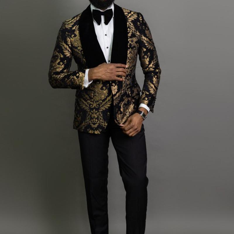 

2 Piece Black Floral Jacquard Prom Men Suits Slim fit with Velvet Shawl Lapel Wedding Groom Tuxedo Male Fashion Clothes