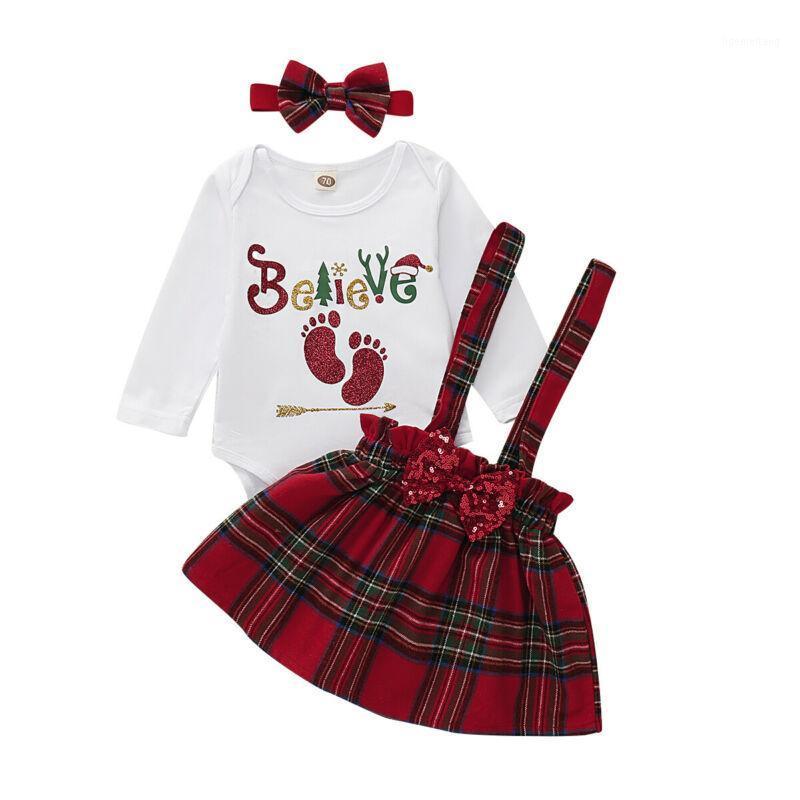 

2020 New Winter Christmas 0-18M Baby Girl 3Pcs Set Cartoon BELIEVE Footprints Long Sleeve Bodysuit+Red Plaid Suspender Skirt+Bow1, White