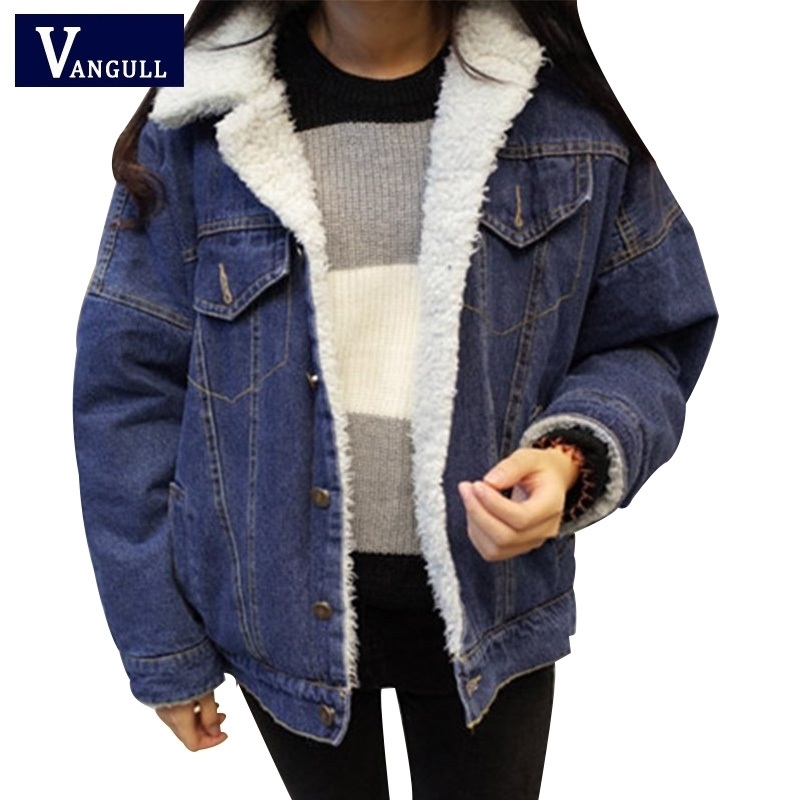 

Winter Jacket Coat Women Fleece Liner Denim Bomber Jackets Retro Thick Autumn Elegant Fashion Autumn Coats VANGULL New 201120, Blue