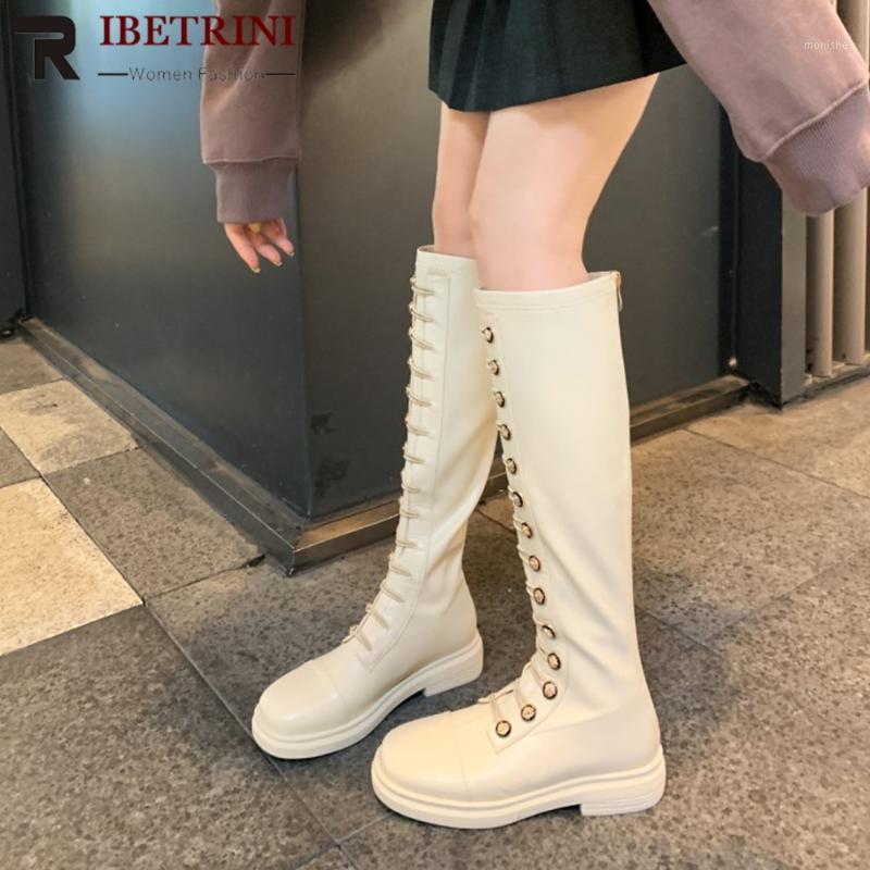 

RIBETRINI Genuine Leather Women Knee High Shoes Women Button Metal Boots Solid Cool Fashion Chunky Autumn Boots1, Black