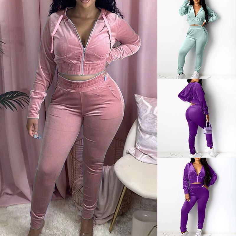 

Velvet Tracksuit Women Two Piece Set Autumn Clothes Hoodie Long Sleeve Crop Top and Pants Female Velor Outfits, Green