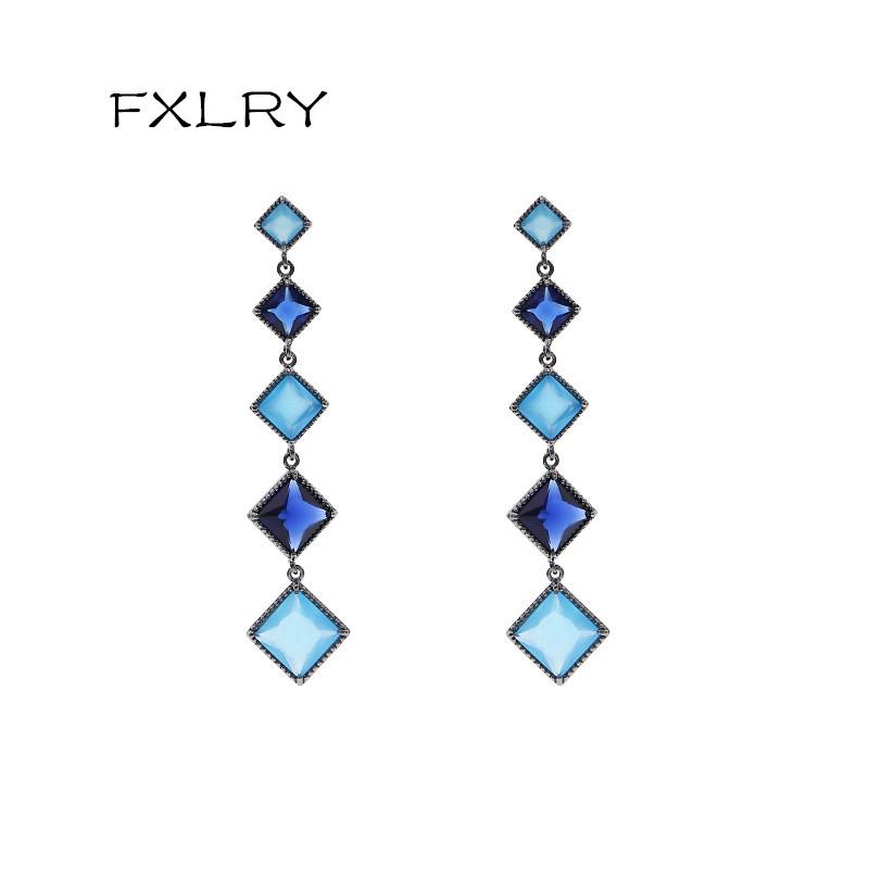 

FXLRY New luxury Jewelry Crystal Geometric Shape Water Blue inlaid zircon Party Dangle Earrings For Women