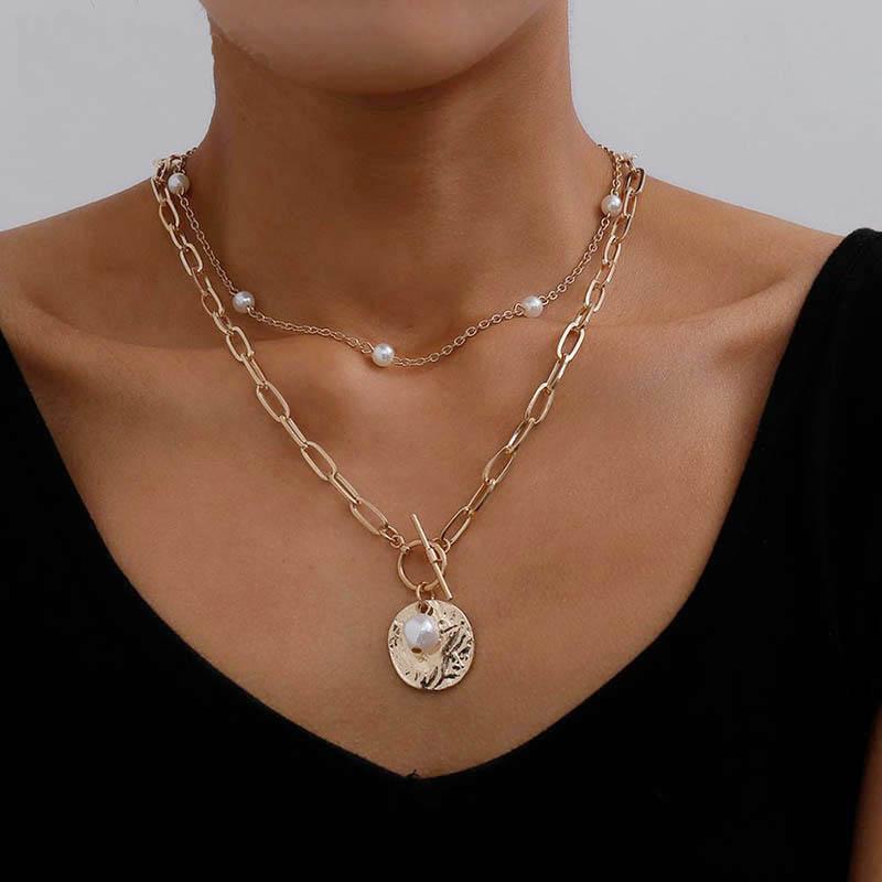

Fashion Multilayer Chain Necklace For Women Pearl Chains Coin Pendant Choker Vintage Lady Girl Jewelry Gifts Party Accessories