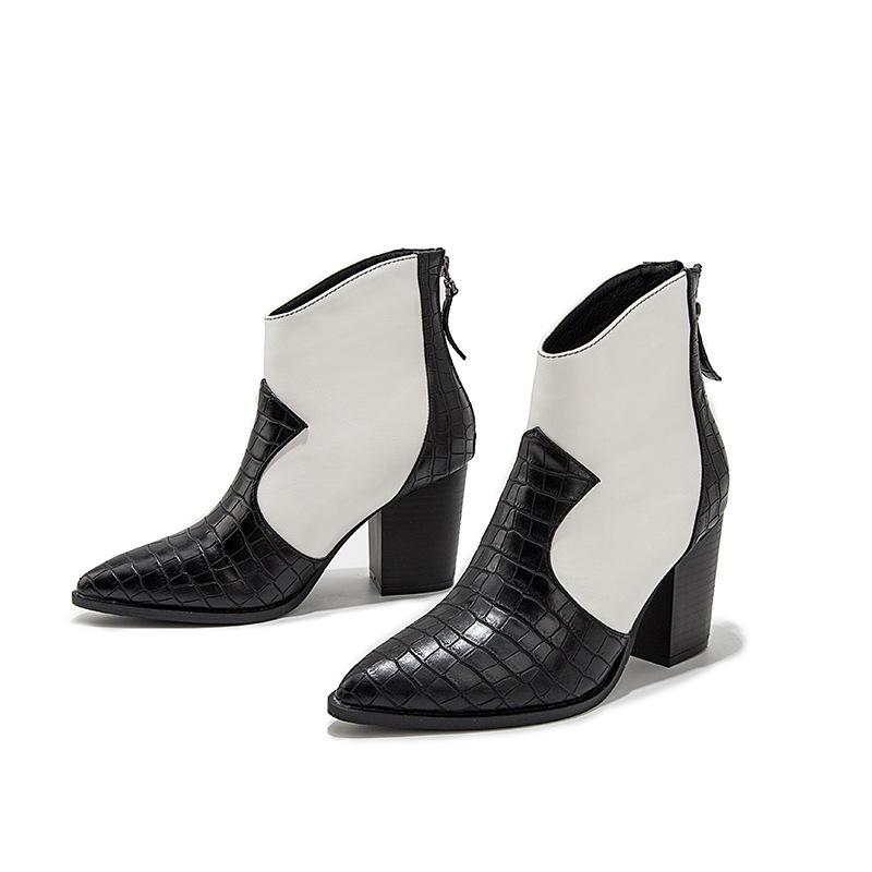 

Snakeskin Colorblock Booties Women's 2021 New European and American High Heel Autumn Fashion Boots Pointed Elegant Boots, Black and white