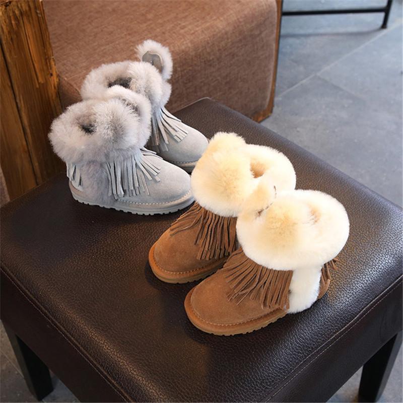 

Fashion 100% Genuine Leather Fur Handmade Waterproof Girls Boots Winter Warm Kids Snow Boots For Kids Girls Brand Children Shoes, Black