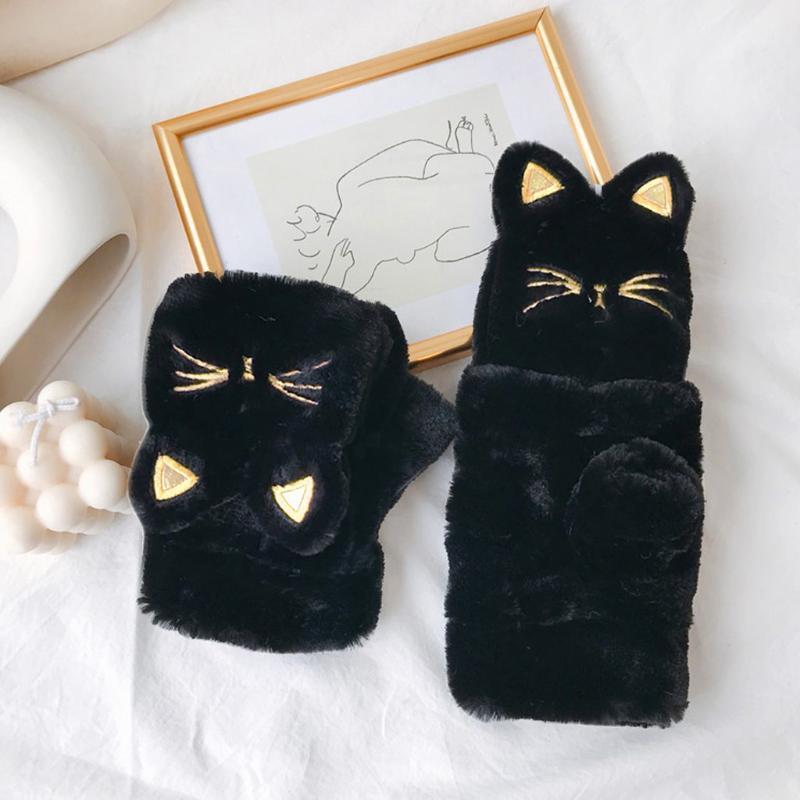 

Fluffy Women Half-finger Gloves Plush Flip Over Gloves Cartoon Cat Warm Mittens Winter Thicken Women Mitten Touch Screen Soft1