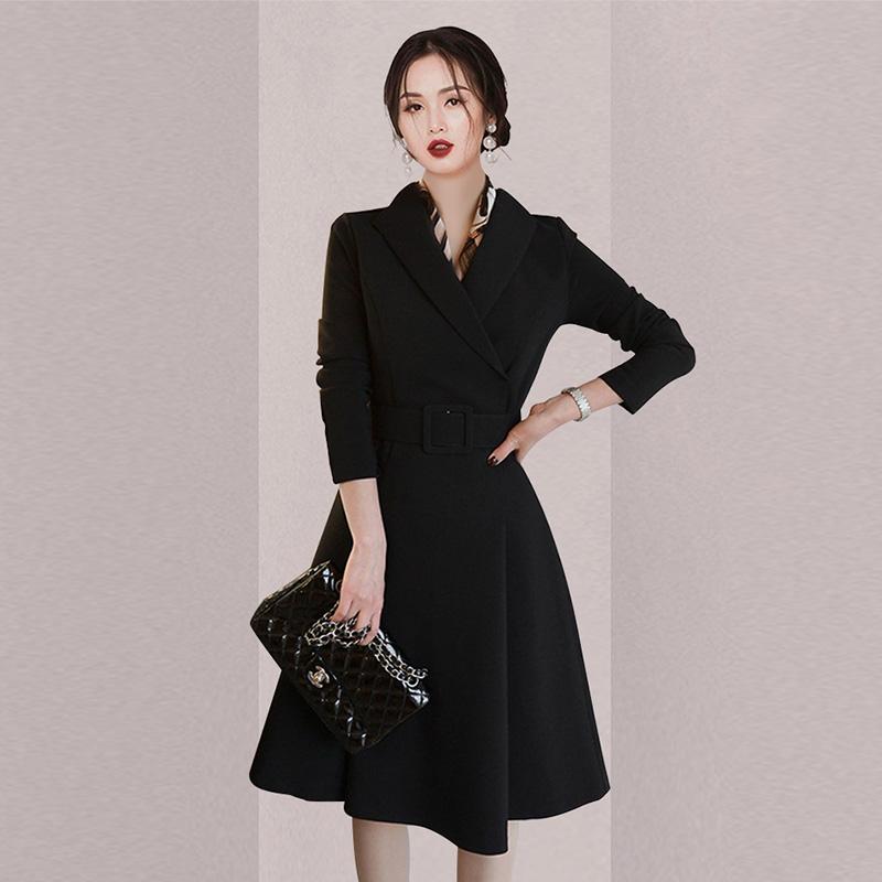 

New Elegant Vintage Fashion Women black slim tunic dress office lady suit collar long sleeve dress