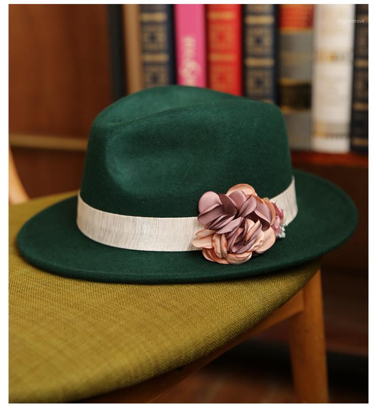 

Vintage Fedoras For Women 100% Australian Wool Felt Flat Jazz Hat Women Brand AUtumn Winter White Green Flower Wool Fedora Hat1