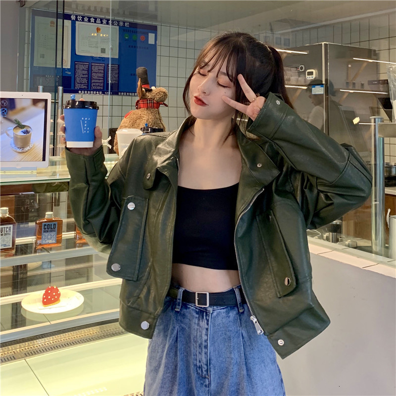 

New Spring Release Cute Motorcycle Plutonium Female Short Fake Soft Leather Jacket Z4d4, Green