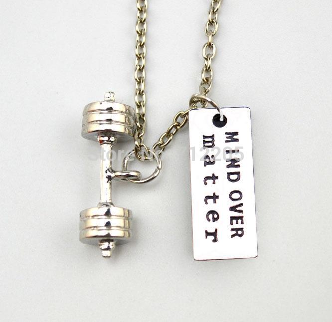 

Fitness Weightlifting jewelry New Arrval 10pcs a lot Dumbbell barbell with MIND OVER matter Gym sports necklace