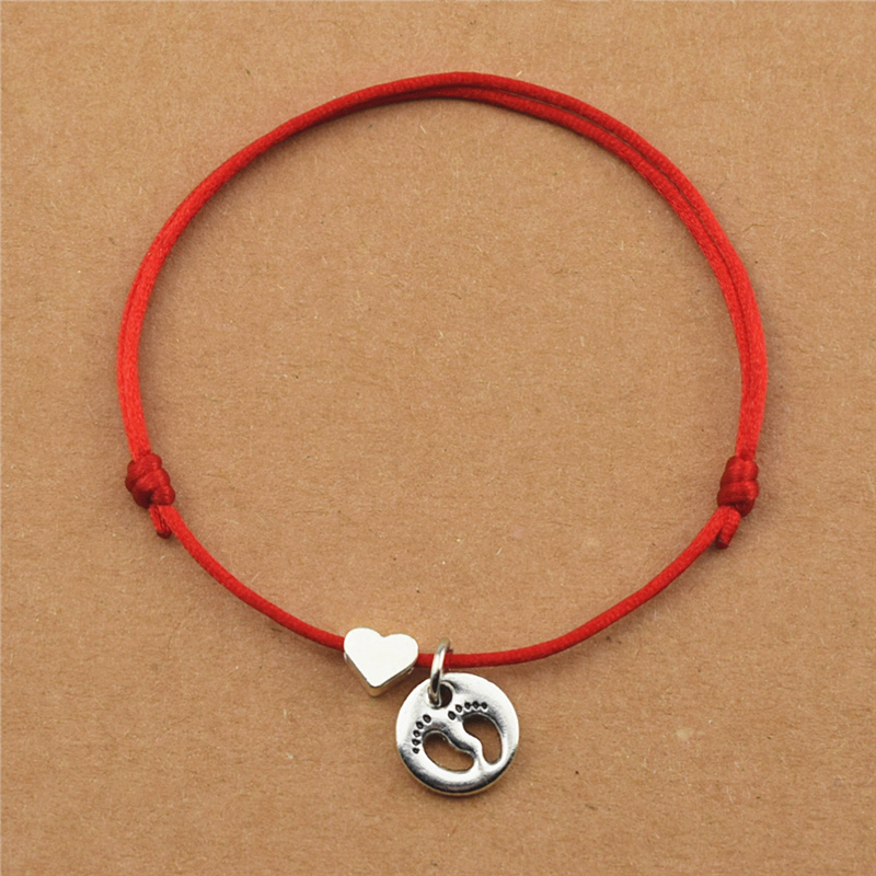 

New Handmade Cute Baby Footprints Charm Heart Shape Red Cord Rope Bracelets for Women Girls Mother Gifts Baby Foot Jewelry