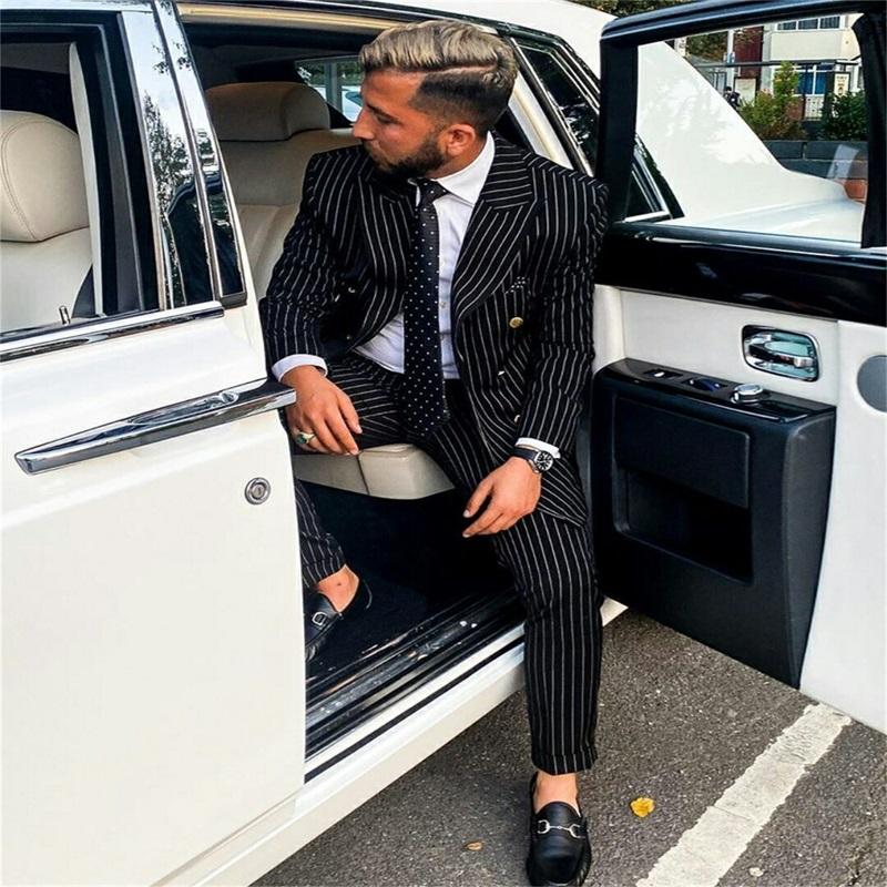 

Black And White 2 Pieces Men Suits Pinstripe Casual Tuxedos Lapel High Quality Formal Party Suits  Fit Slim Coat+Pant