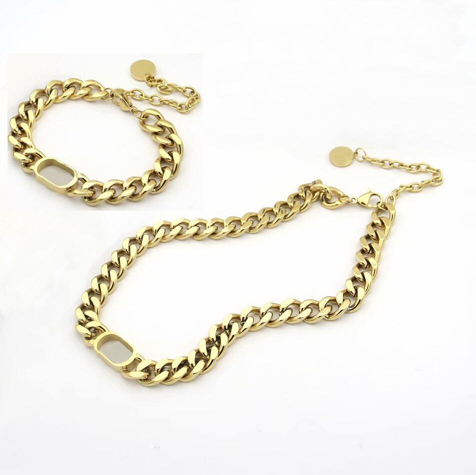 

Europe America Simple Style Jewelry Sets Women Lady Titanium steel With D Letter 18K Gold Thick Chain Necklaces Bracelets 1Sets 3 Color, Picture colors