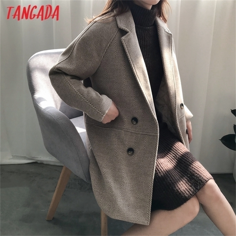 Tangada women vintage thick wool blazer coat pocket winter elegant vintage ladies warm coat suit overcoat ASF64 201218Z