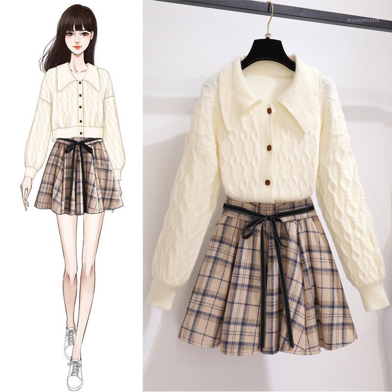 

New Winter 2020 Sweet Waxy Twist Sweater Cardigan Grid Cloth Skirt Two-Piece Outfit Women Clothing Set Girl Vogue Knitwear1, Plaid skirt