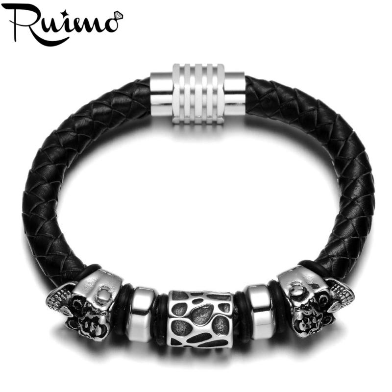 

RUIMO 17-21 cm Men Bracelets 316L Stainless Steel Skull Charms Beads Bangles 8 mm Genuine Leather with Magnet Clasp Bracelet
