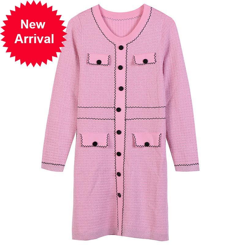 

2021 New Runway Design of Brand Female Winter Pink Long Sleeves Long-sleeve Striped the Loose Thin Neck Dressed in Midi Mesh Yfsz