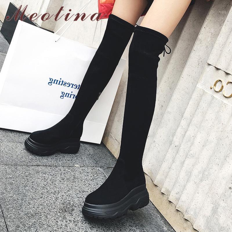 

Meotina Winter Over The Knee Boots Women Real Leather Flat Platform Thigh High Boots Zipper Round Toe Shoes Lady Autumn Size 391, Black synthetic lini