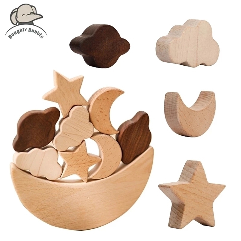 

Montessori Wooden Blocks Stars Moon Stacked Toys Children's Eonal Diy Baby Balance Training Constructor 220211