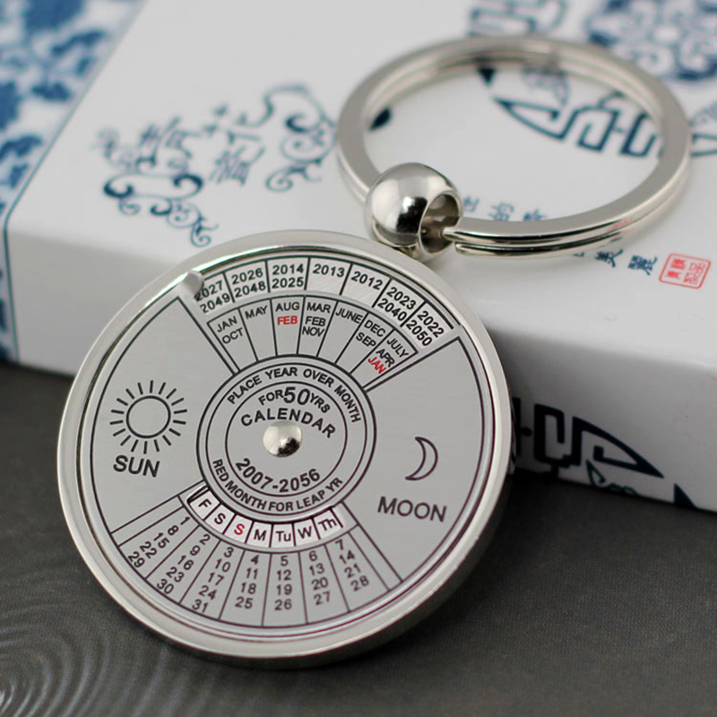 

Retro 50 Years Perpetual Calendar Keychain Sun Moon Compass Keyring Valentine's Day Couple Gift Metal Key Chain Pendant
