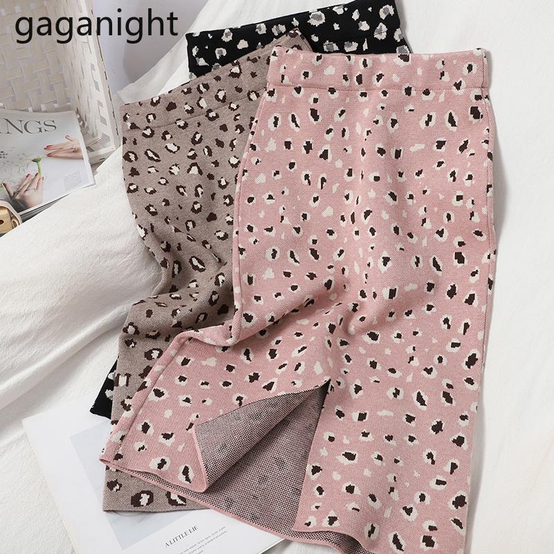 

Gaganight Elegant Women Knee-Lenght Skirt Office Lady High Waist Leopard A Line Skirts Chic Female Split Knited Skirt Faldas, Black