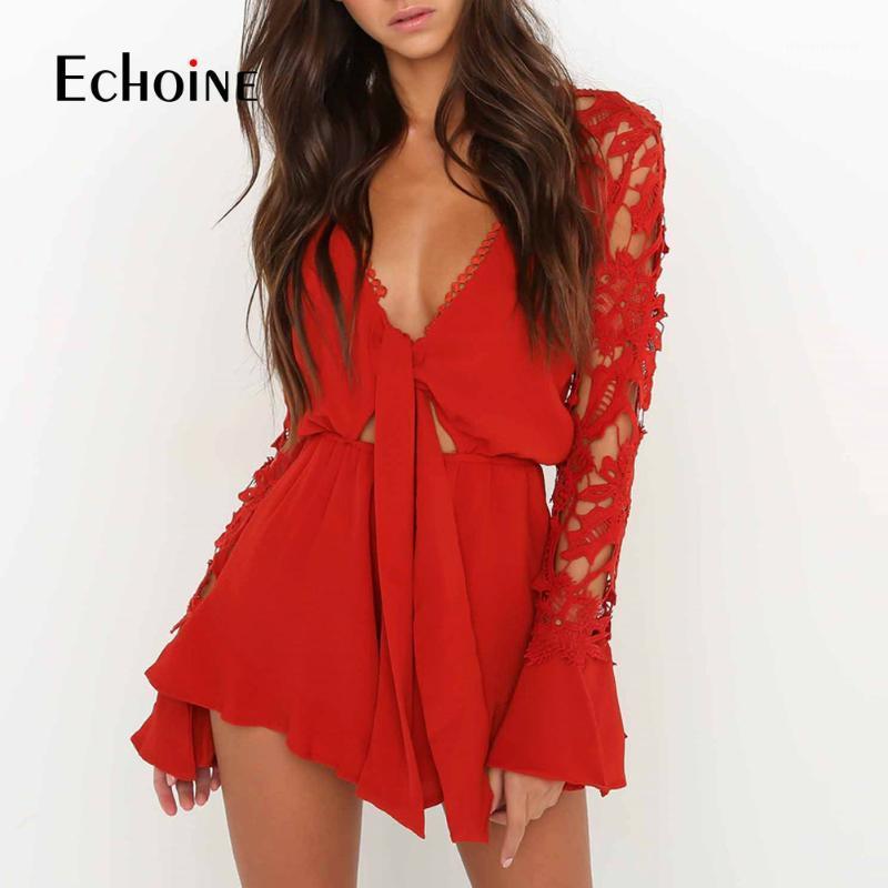 

Sexy Party Lace Bodysuit Women Jumpsuit Hollow Out Short Overalls V-Neck Long Sleeve Ruffle Jumpsuit Romper Casual Playsuits1, Green
