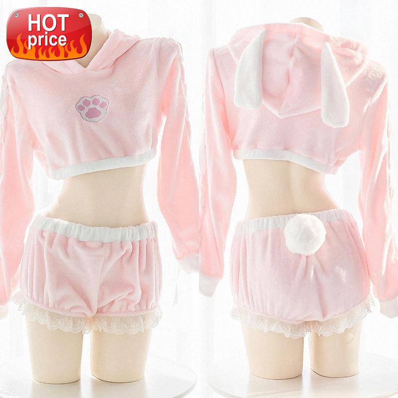 

Cute Two Piece Sets Soft Pink Pijamas Women Kawaii Pajamas Long Sleeve Sleepwear with Rabbit Tail Shorts Lingerie Home Clothes #Vo02, Black;white