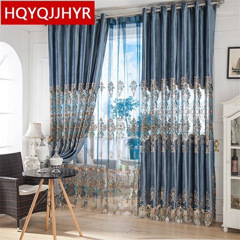 

Custom deluxe European blue embroidery blackout bedroom floor curtains upscale living room with flat curtains luxury drapes1, Tulle