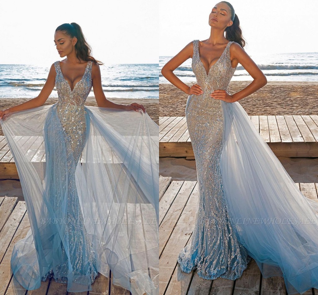 

Gorgeous Like Sky Blue Mermaid Evening Prom Dresses Deep V Neck Luxury Beaded Sequined Party Evening Gowns Detachable Tulle Skirt, Lavender