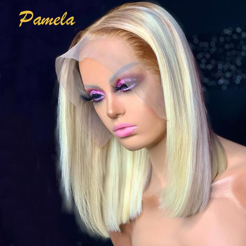 

Blonde Lace Front Wig Human Hair Pixie Cut Wig Straight Bob 4/613 Ombre Human Hair Transparent Lace Wigs 613, As pic