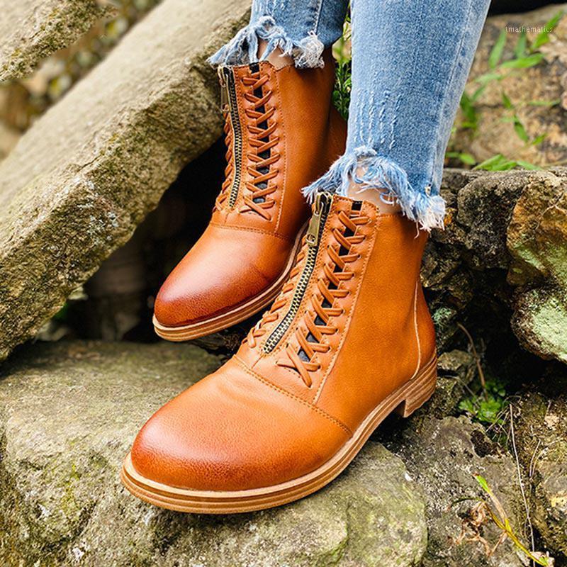 

Women Retro Ankle Boots Ladies Cross Tie Zipper Female Chunky Heels Female Casual Comfortable Woman New Short Boot New1, Dark brown