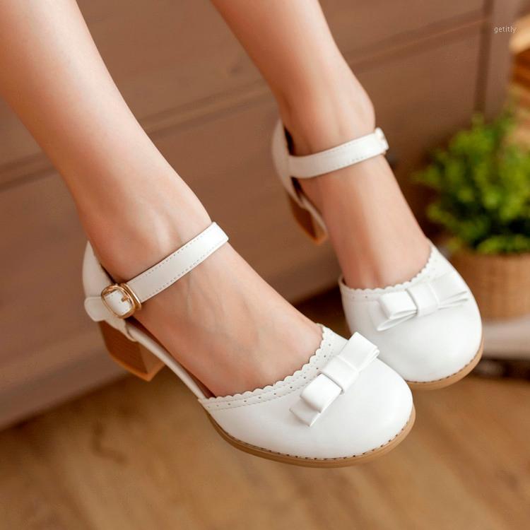 

32-43 Mary Jane Shoes Lolita Women High Heels Pumps Big Size Bow Shoes Thick High Heel Casual Ladies Pumps Pink chaussures femme1, White